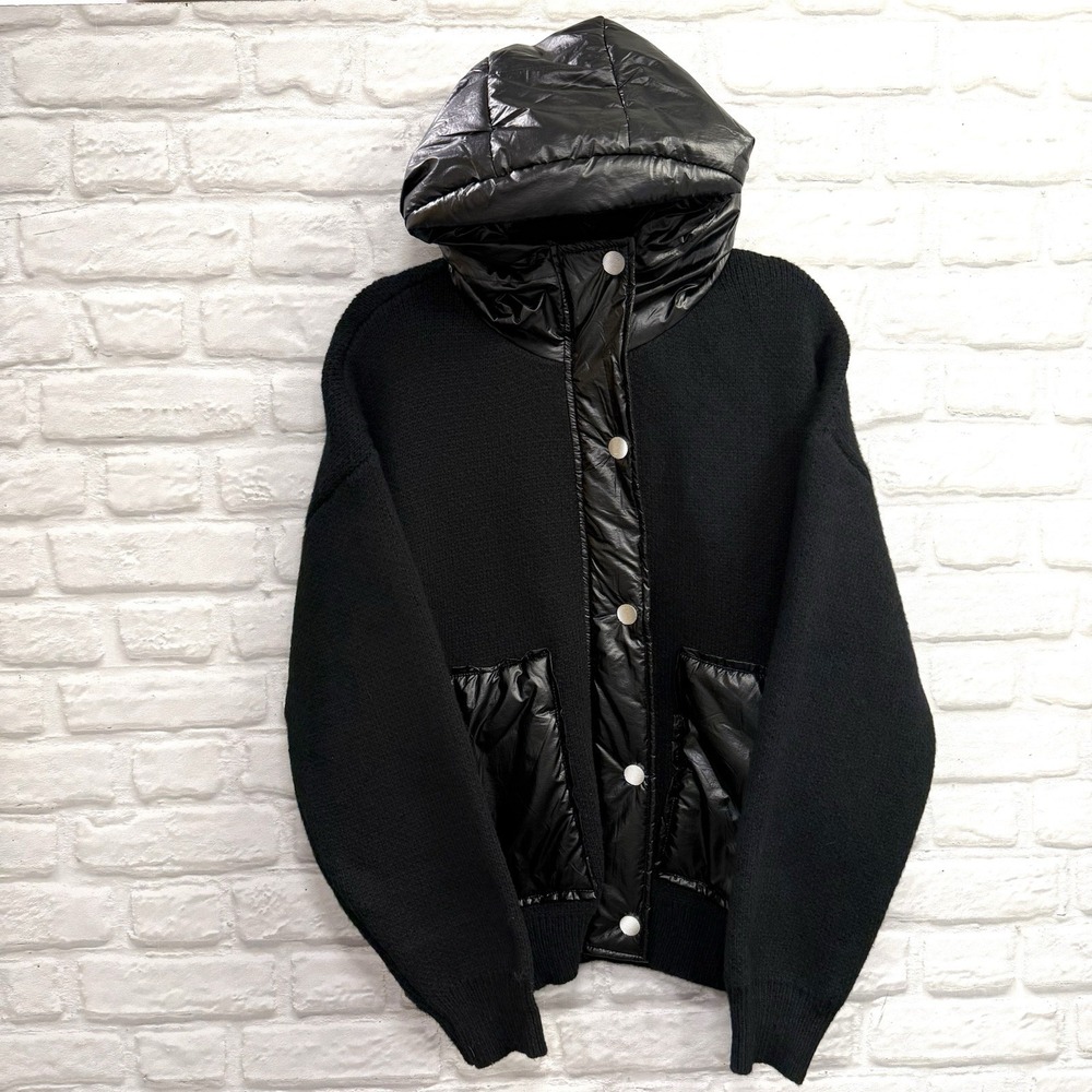 Easel Los Angeles Womens Black Sweater Jacket Zip Hooded Puffer Coat Size M NEW